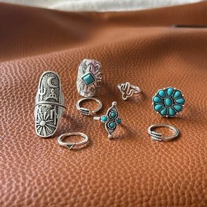 Western cowgirl southwest silver and turquoise stone ring set of 8✨